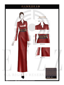 大師手繪時尚酒紅色女款酒店民族特色制服設計圖179