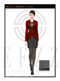 時尚酒紅色女款酒店總臺大堂服務員服裝設計圖975