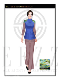 深藍色女款中餐服務員服裝款式設計圖1753