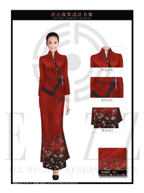 時尚玫紅色女款中餐迎賓制服設(shè)計圖859