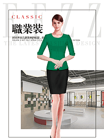 時尚綠色連衣裙款女職業裝夏裝制服設計圖755