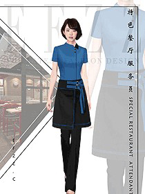 藍色短袖女款快餐廳服務員制服設計圖358