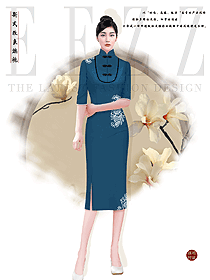 酒店制服藍色高領美女旗袍服裝定制圖