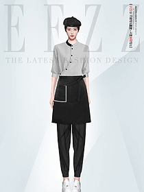 時尚酒店西餐廳服務員半袖上裝工作服拼色圍裙制服