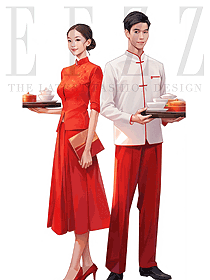 酒店中餐廳服務(wù)員工作服-長(zhǎng)袖制服紅色可定制