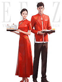 中式餐飲立領盤扣套裝男女大紅色制服套裝定制款