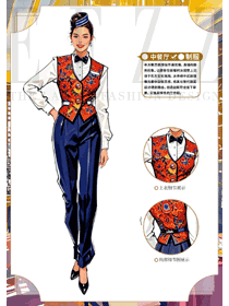 新疆特色餐館女服務員花料馬夾工作服手繪圖